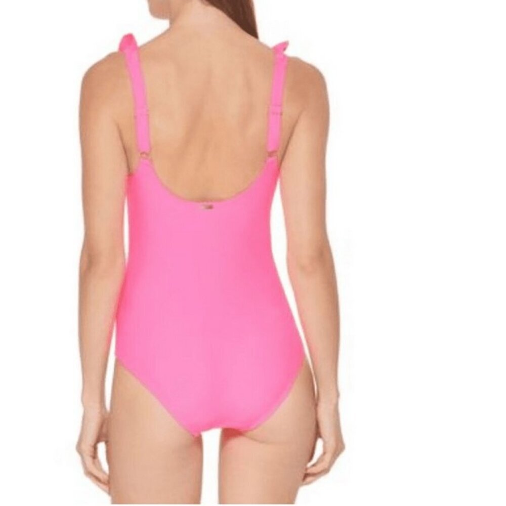 DKNY Ruffle Plunge Underwire Tummy Control One-Piece Swimsuit Neon Pink - Picture 11 of 11